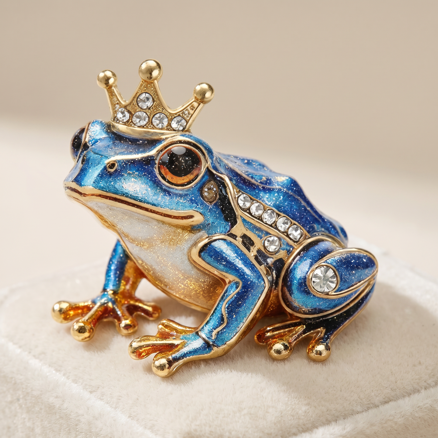 Broche Grenouille en cristal, bijou vintage Alyvoa présentée sur un coussin · Bleu