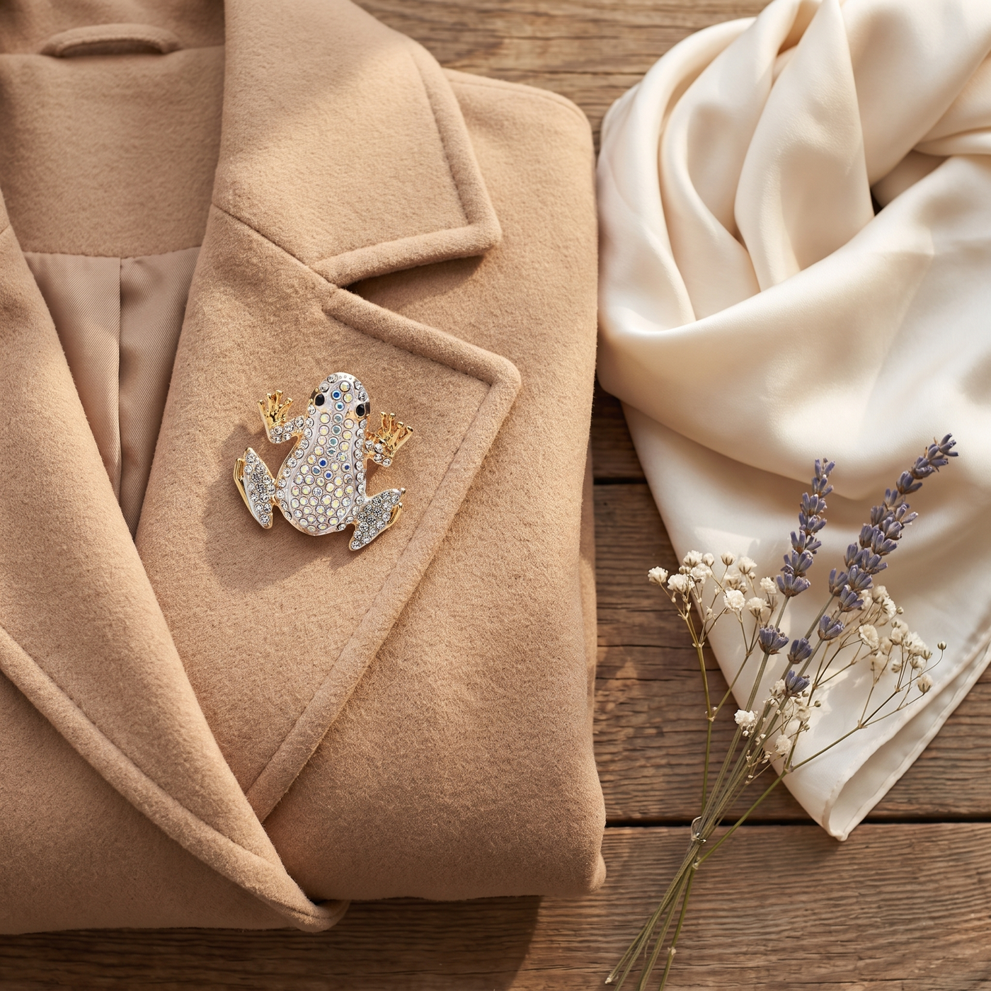 Broche Grenouille en cristal, bijou vintage Alyvoa en situation · Blanc