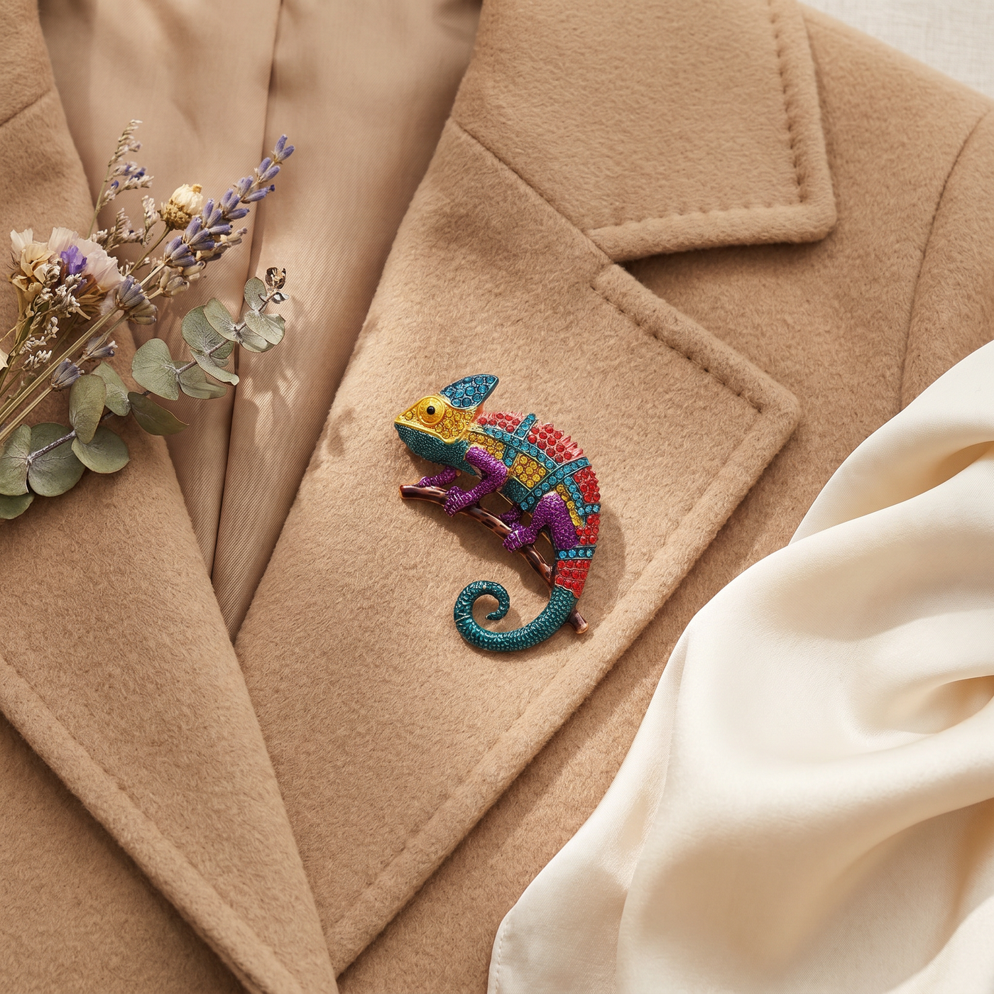 Broche Lézard en cristal, bijou vintage Alyvoa présentée sur un coussin · Jaune
