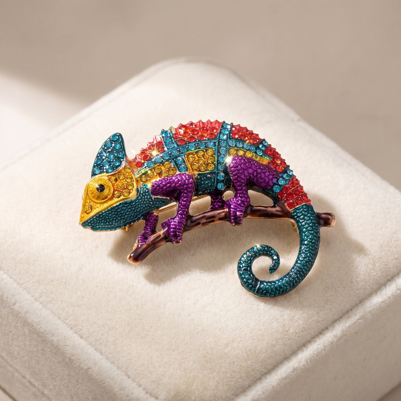 Broche Lézard en cristal, bijou vintage Alyvoa tenue à la main · Jaune