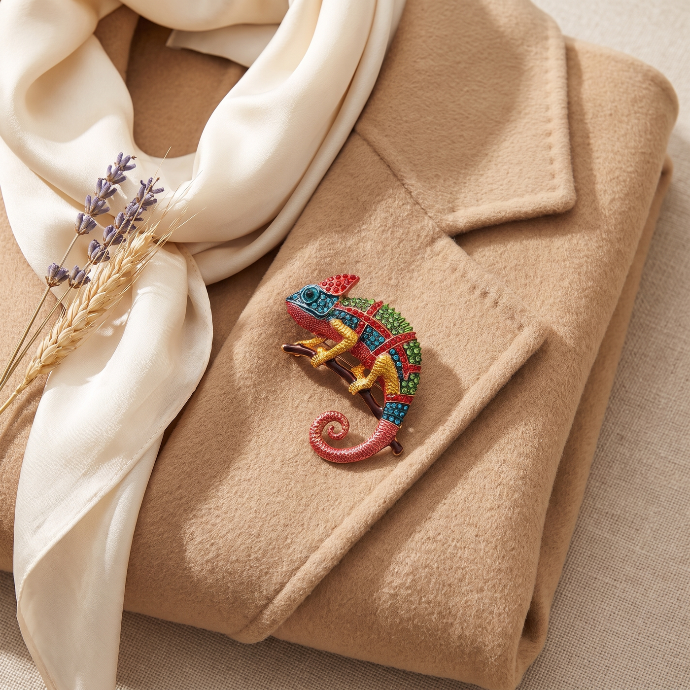 Broche Lézard en cristal, bijou vintage Alyvoa portée sur un revers · Bleu