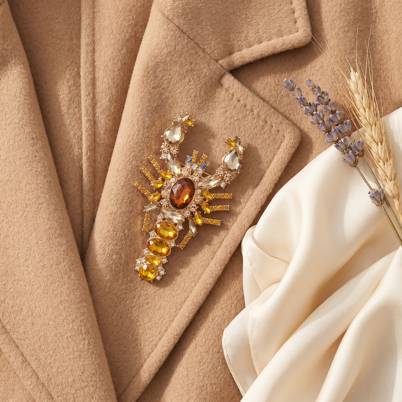 Broche Homard en cristal, bijou vintage Alyvoa présentée sur un coussin · Jaune