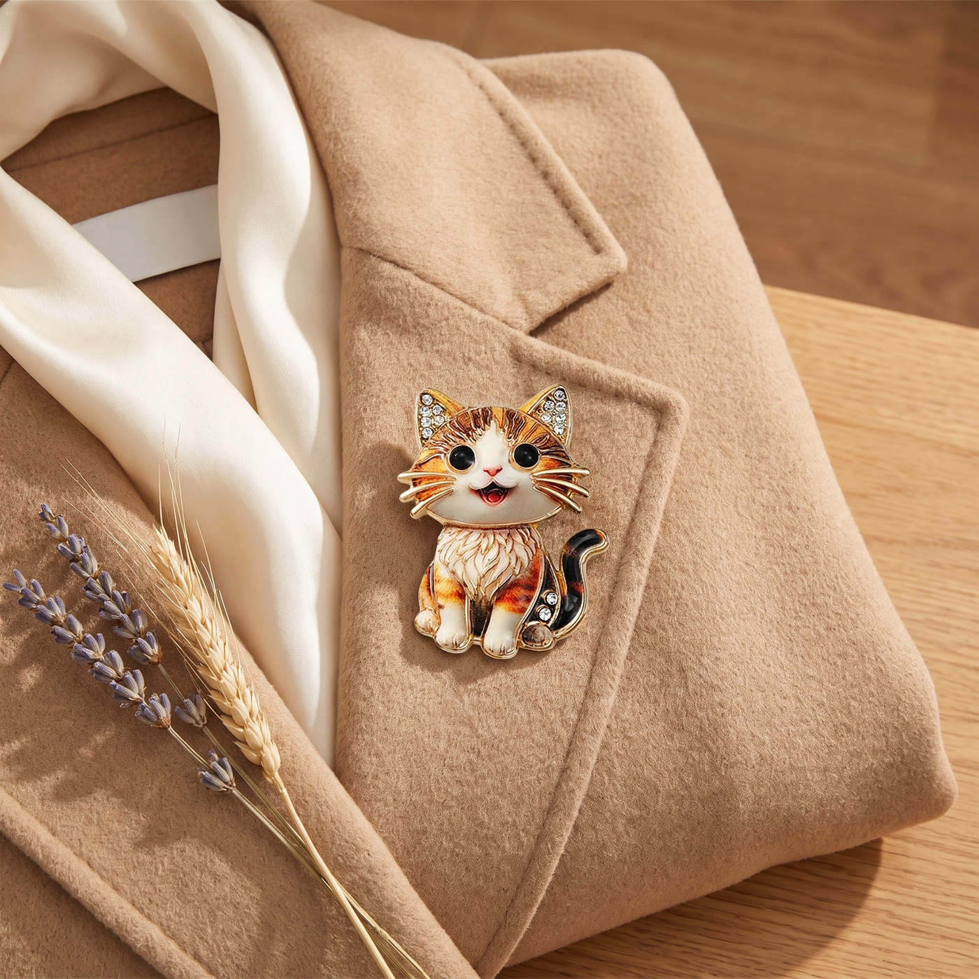 Broche Chat en cristal, bijou vintage Alyvoa vue en gros plan · Orange