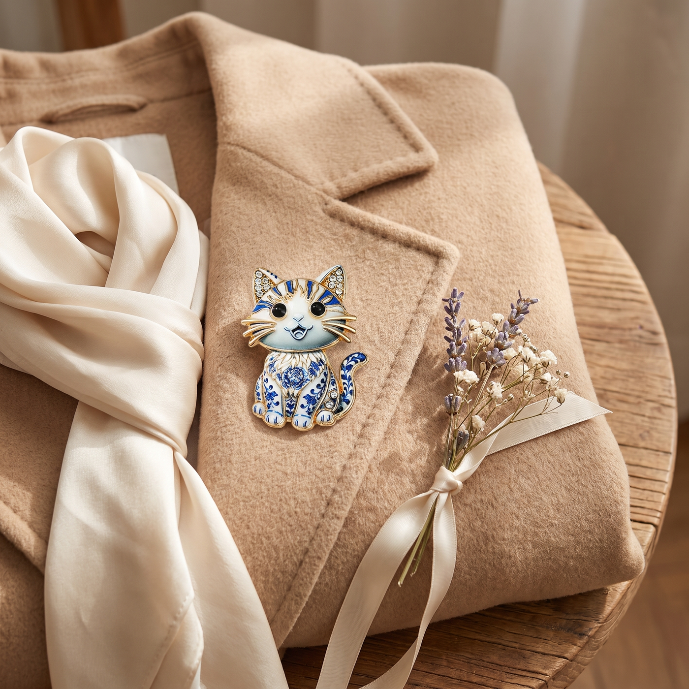 Broche Chat en cristal, bijou vintage Alyvoa portée sur un revers · Bleu