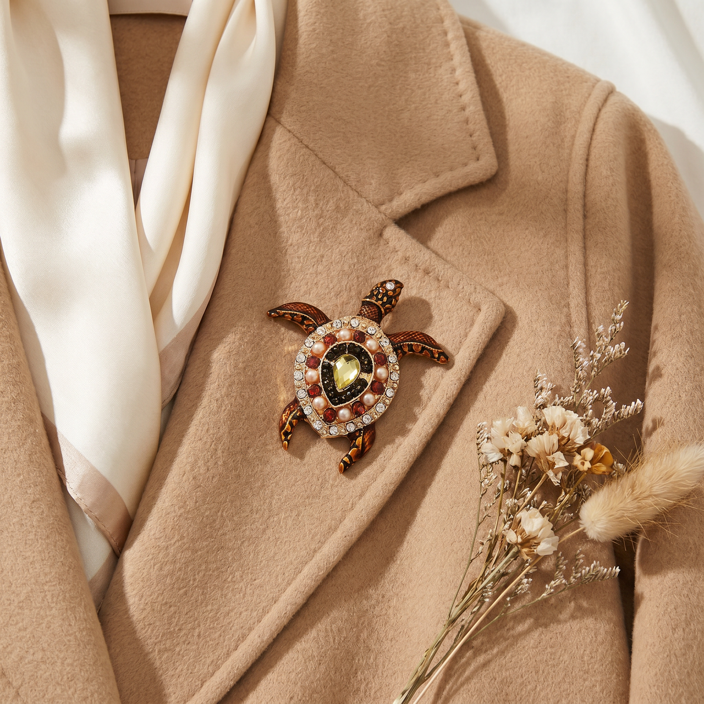Broche Tortue en cristal, bijou vintage Alyvoa tenue à la main · Jaune