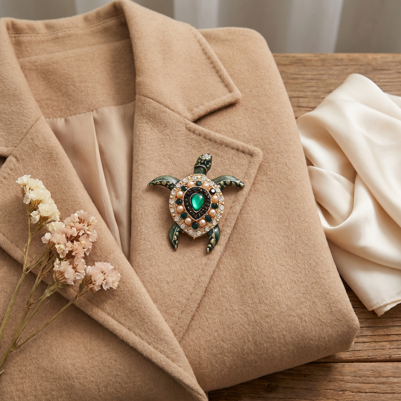 Broche Tortue en cristal, bijou vintage Alyvoa en situation · Vert
