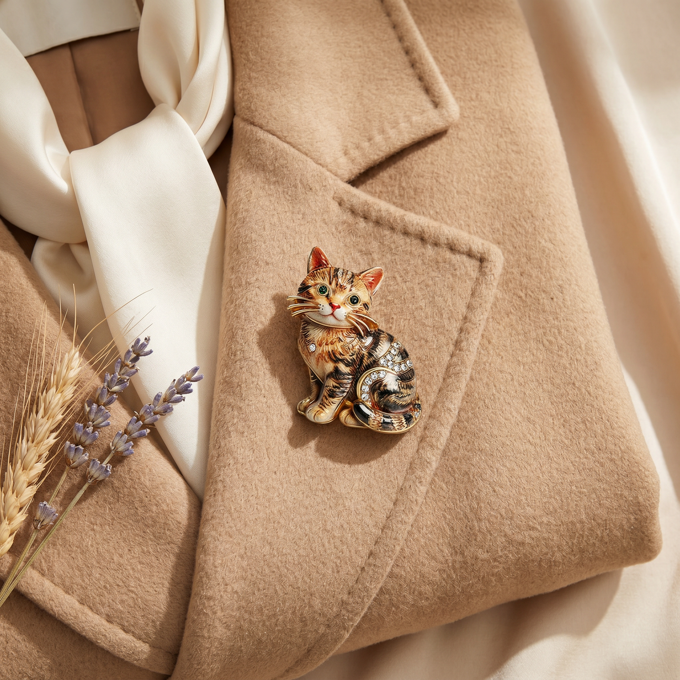 Broche Chat en cristal, bijou vintage Alyvoa présentée sur un coussin · Marron