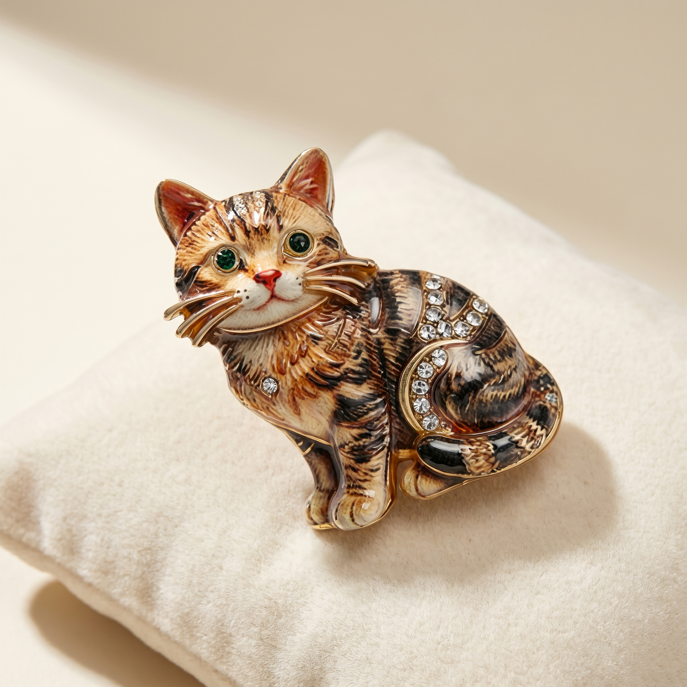 Broche Chat en cristal, bijou vintage Alyvoa tenue à la main · Marron