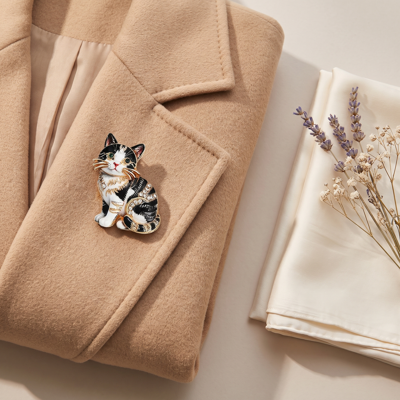 Broche Chat en cristal, bijou vintage Alyvoa vue en gros plan · Noir