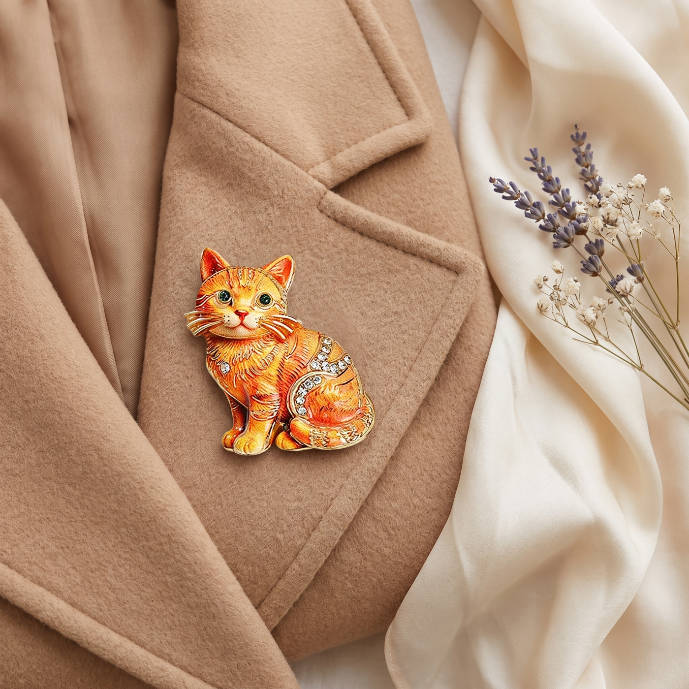 Broche Chat en cristal, bijou vintage Alyvoa · Orange