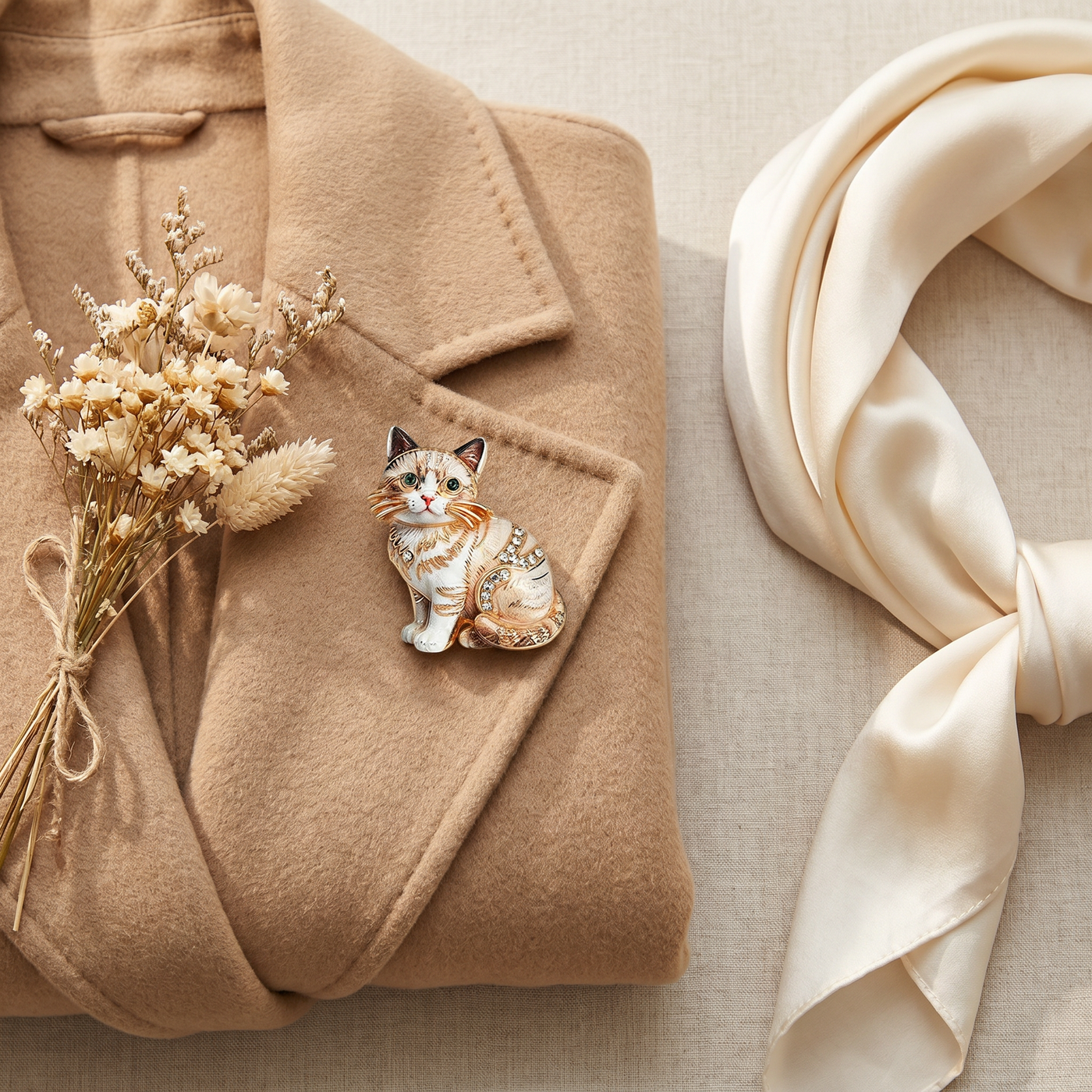 Broche Chat en cristal, bijou vintage Alyvoa portée sur un revers · Gris