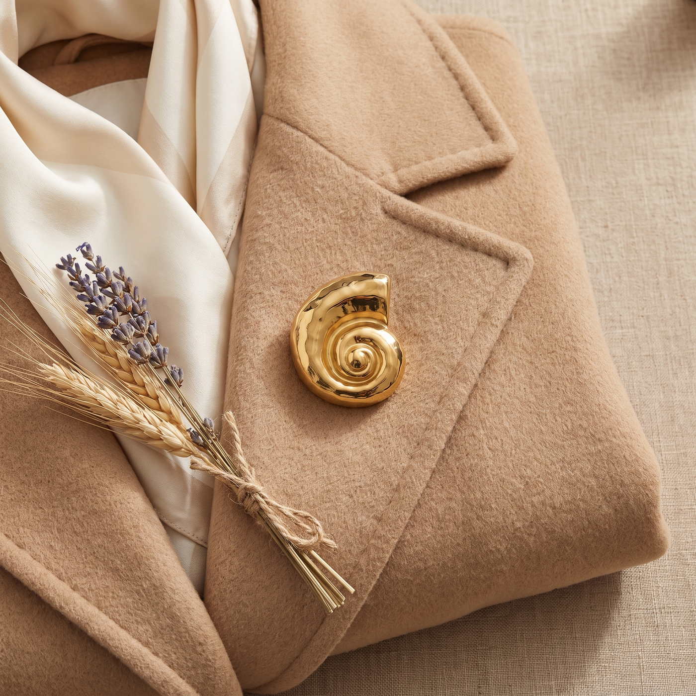 Broche Coquillage en acier, bijou vintage Alyvoa en situation · Doré