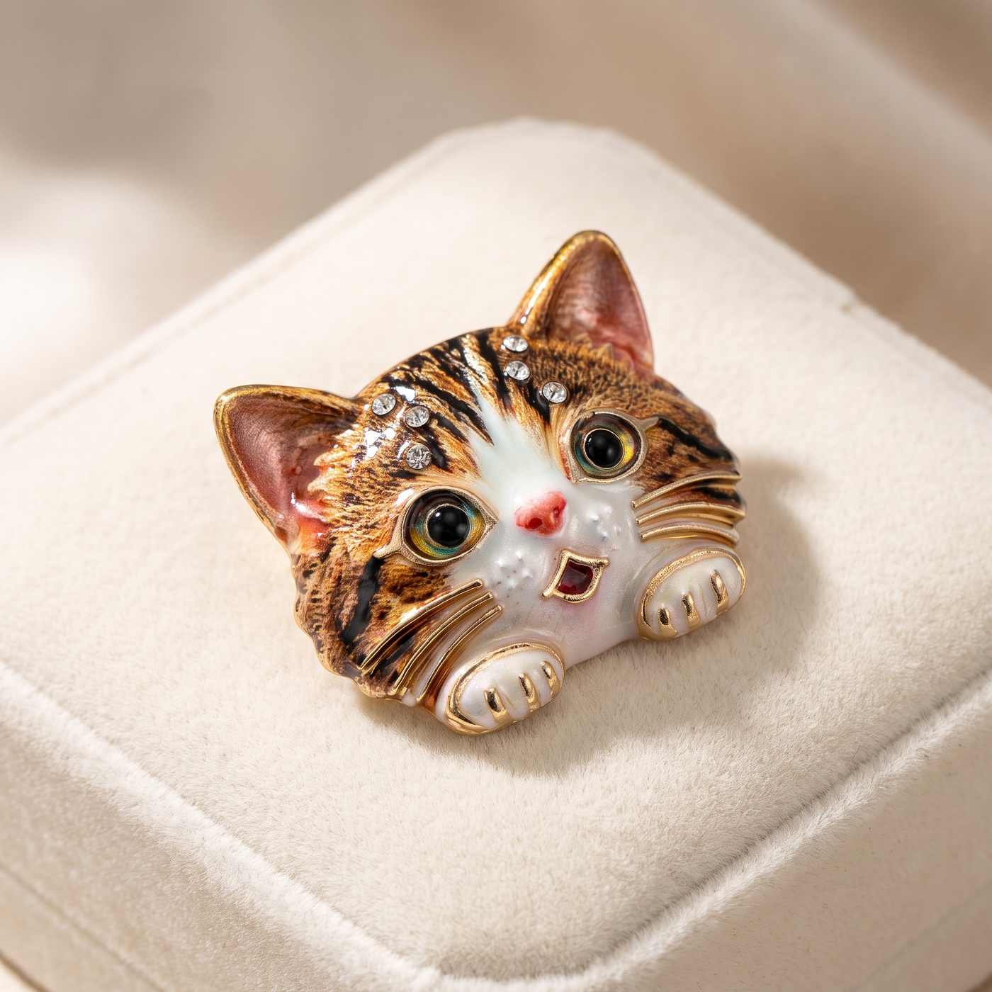 Broche Chat, bijou fantaisie vintage Alyvoa présentée sur un coussin · Marron