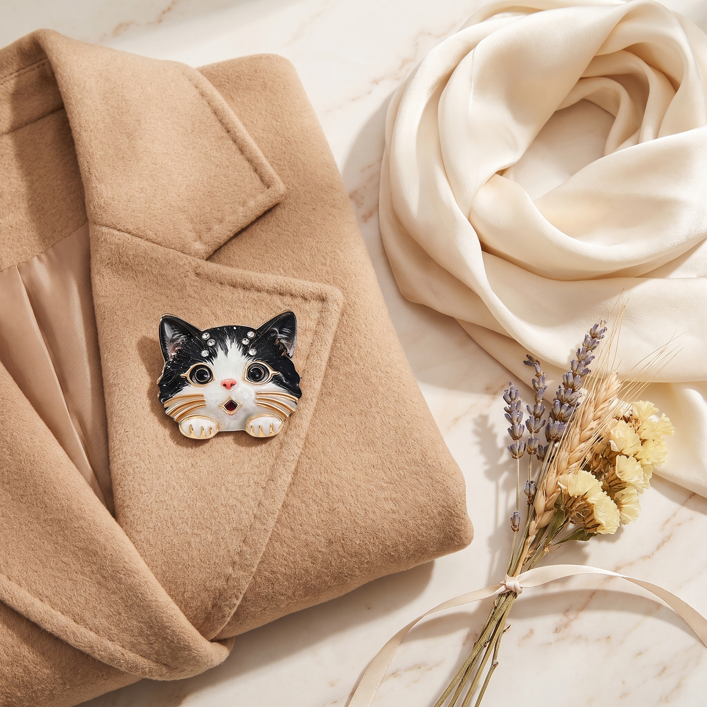 Broche Chat, bijou fantaisie vintage Alyvoa portée sur un revers · Noir