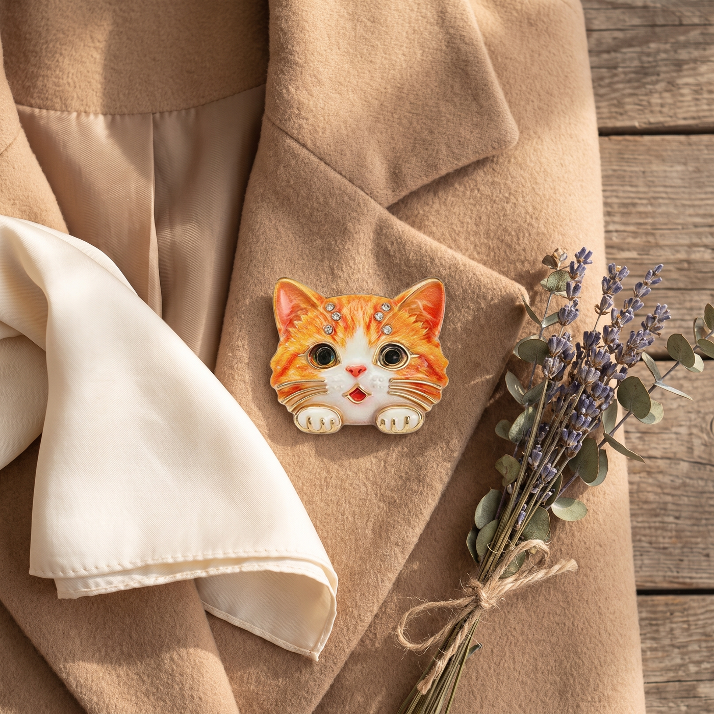Broche Chat, bijou fantaisie vintage Alyvoa tenue à la main · Orange