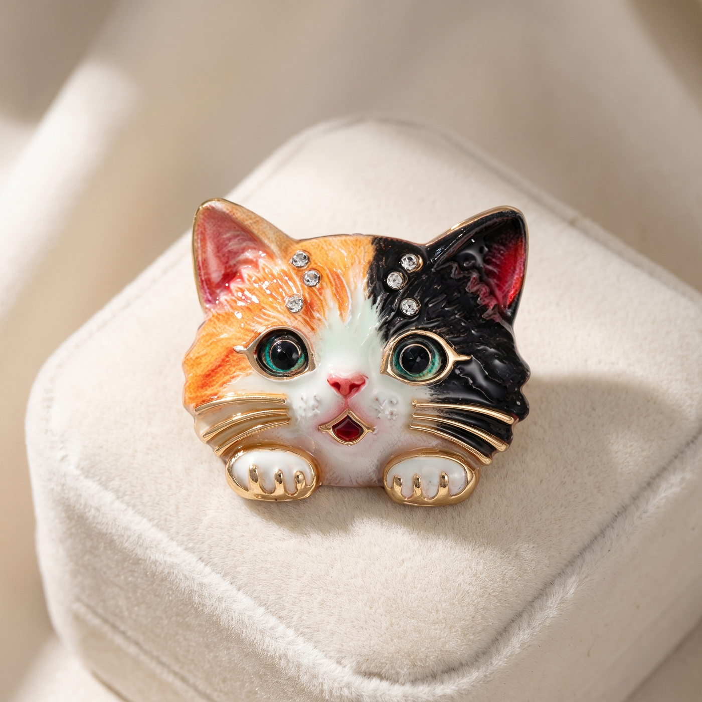Broche Chat, bijou fantaisie vintage Alyvoa tenue à la main · Orange / Noir