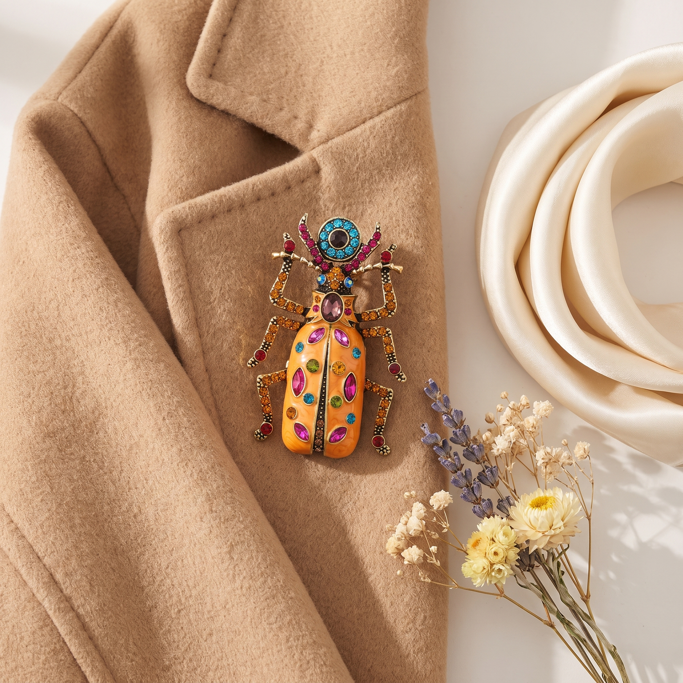 Broche Scarabée en cristal, bijou vintage Alyvoa présentée sur un coussin · Jaune
