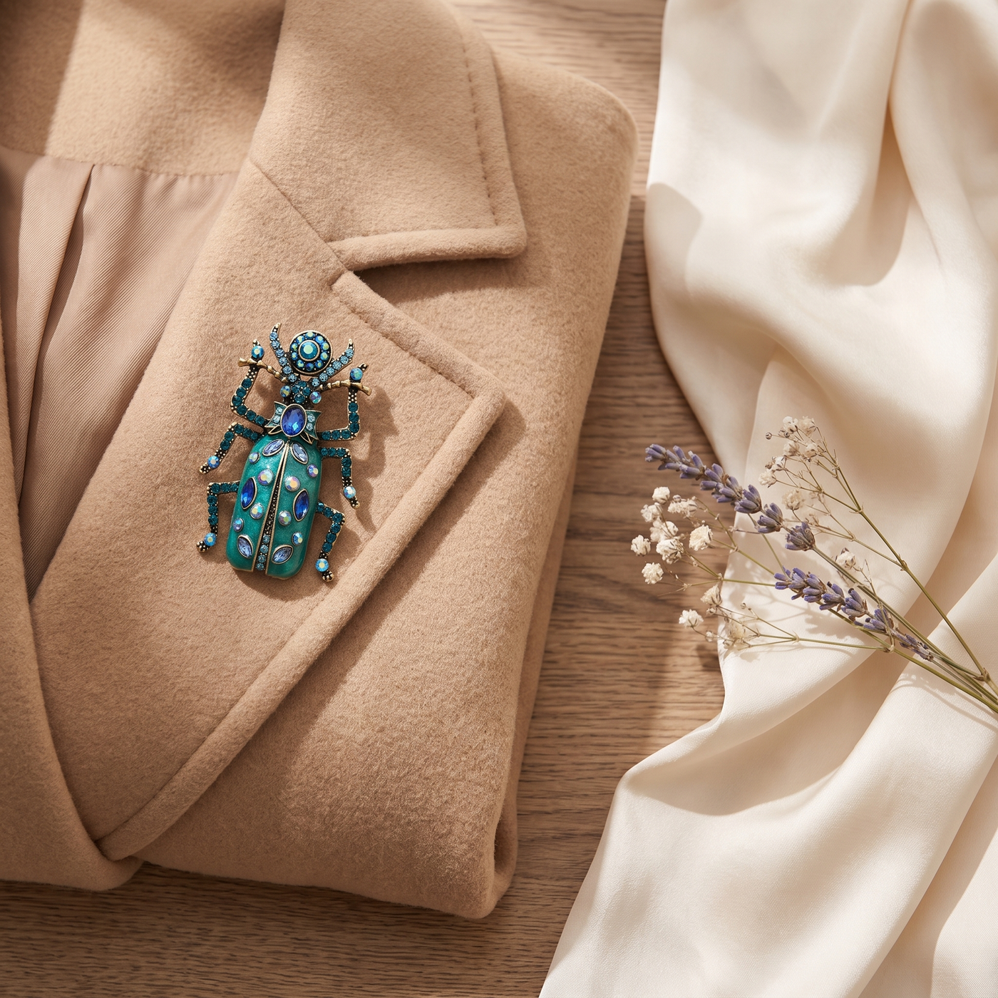 Broche Scarabée en cristal, bijou vintage Alyvoa vue en gros plan · Bleu clair