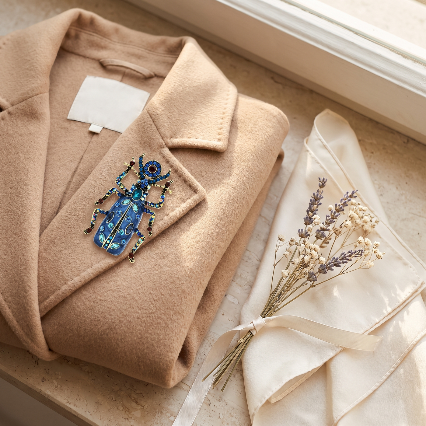 Broche Scarabée en cristal, bijou vintage Alyvoa portée sur un revers · Bleu
