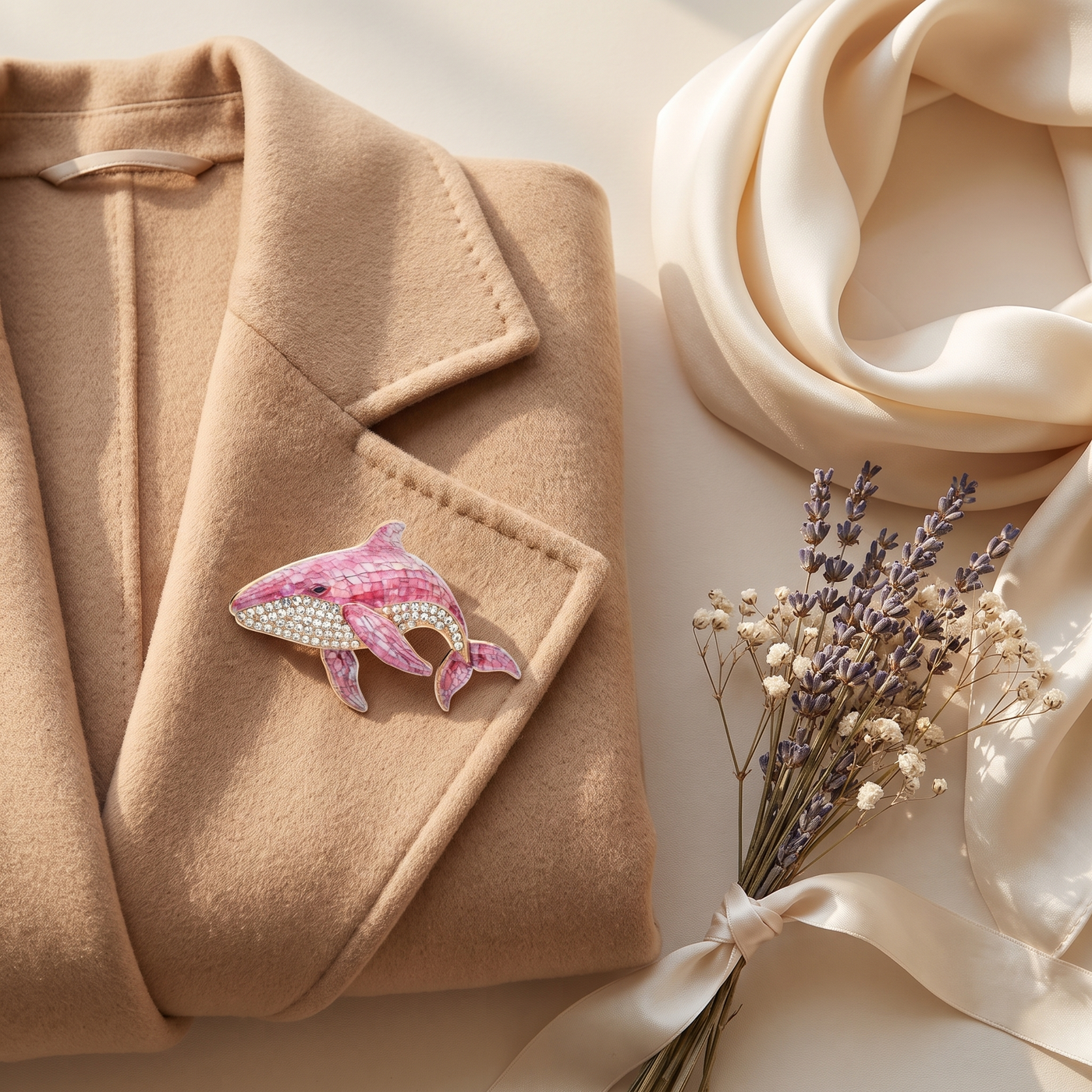 Broche Baleine en cristal, bijou vintage Alyvoa présentée sur un coussin · Rose