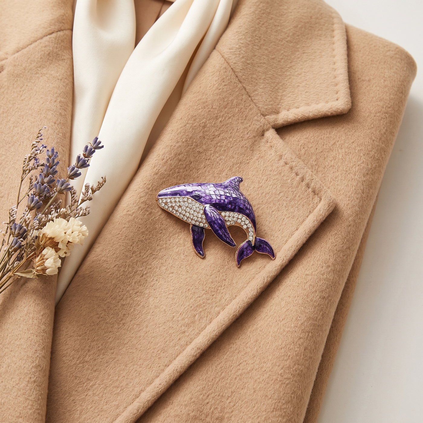 Broche Baleine en cristal, bijou vintage Alyvoa portée sur un revers · Violet
