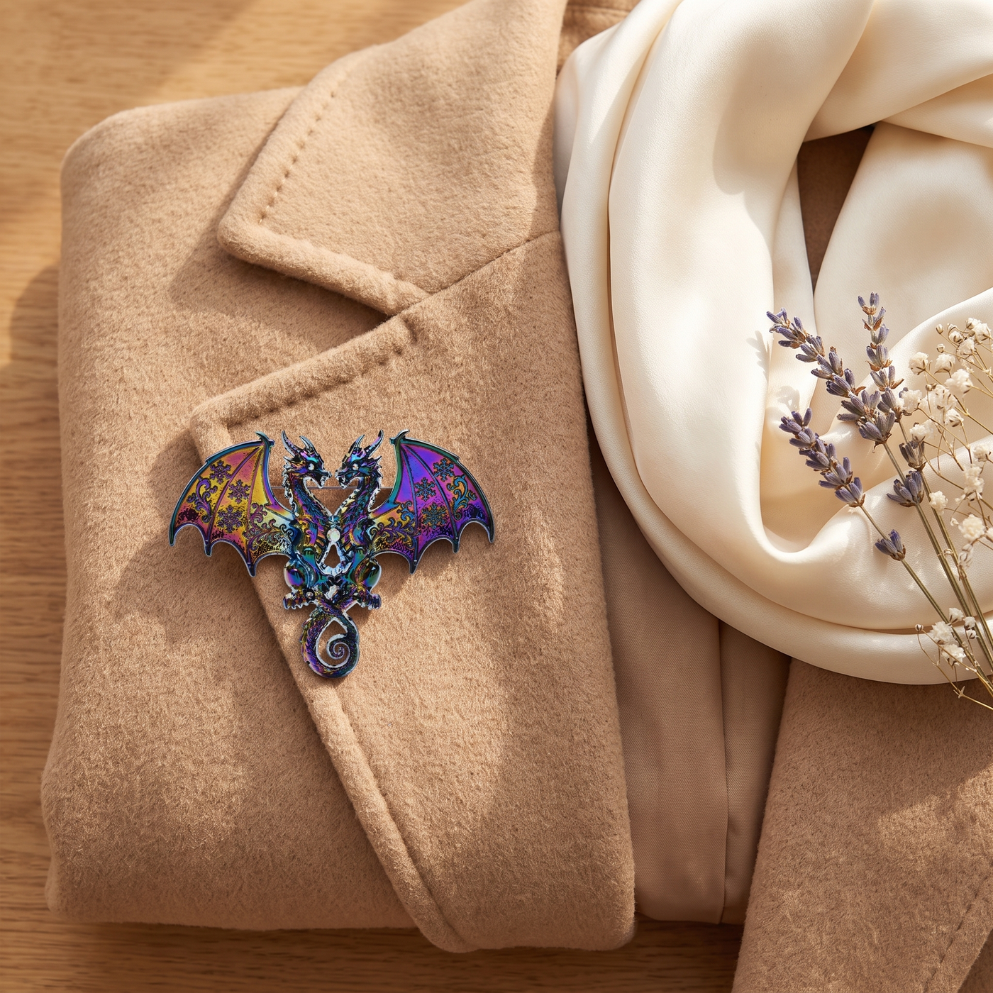 Broche Dragon, bijou fantaisie vintage Alyvoa portée sur un revers · Multicolore