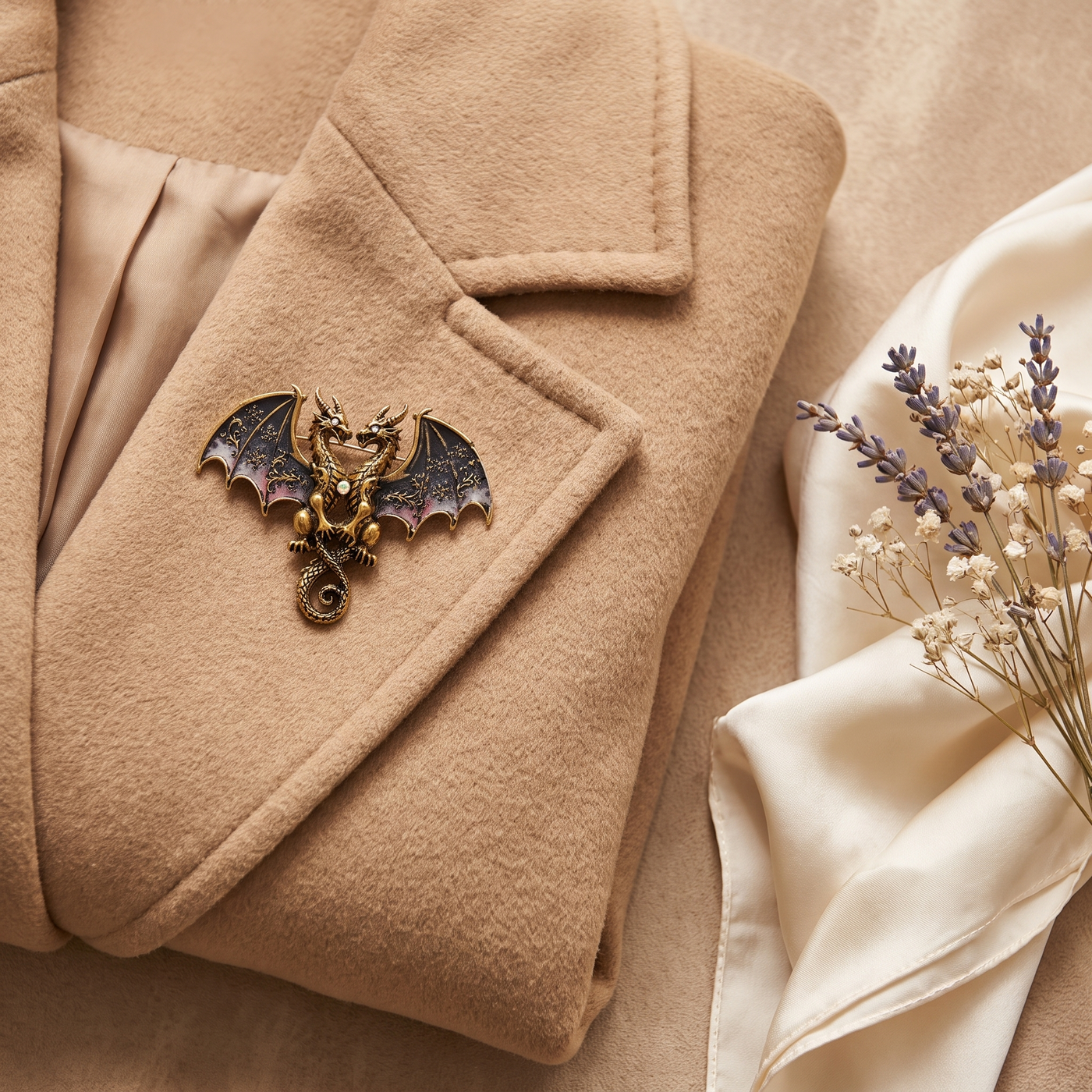 Broche Dragon, bijou fantaisie vintage Alyvoa en situation · Rouge