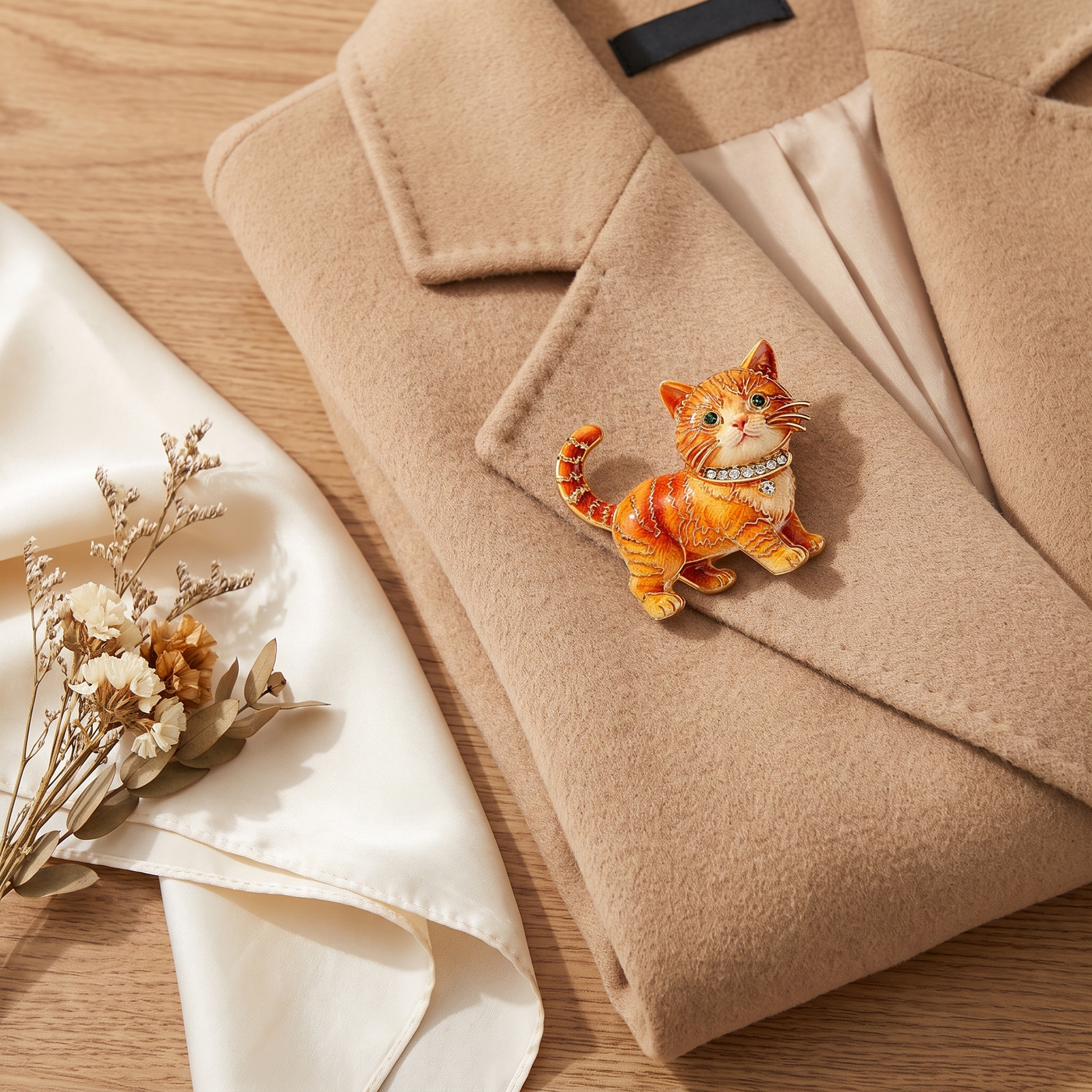 Broche Chat en cristal, bijou vintage Alyvoa vue en gros plan · Orange