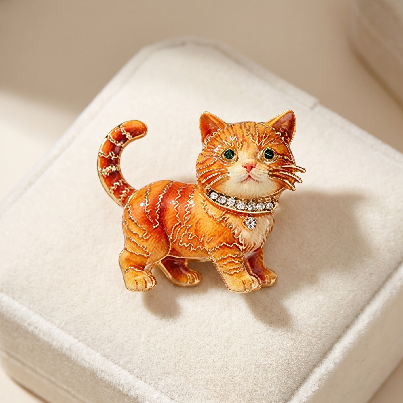 Broche Chat en cristal, bijou vintage Alyvoa présentée sur un coussin · Orange