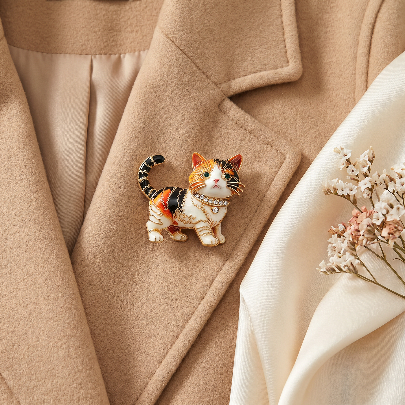 Broche Chat en cristal, bijou vintage Alyvoa en situation · Orange / Noir