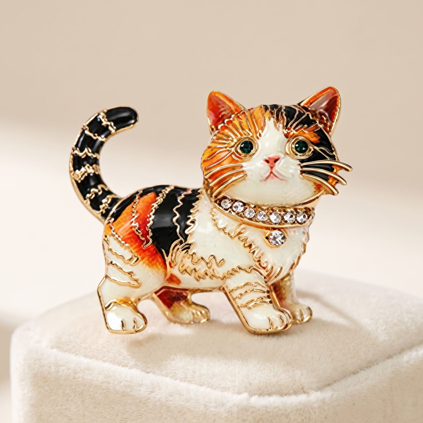 Broche Chat en cristal, bijou vintage Alyvoa tenue à la main · Orange / Noir