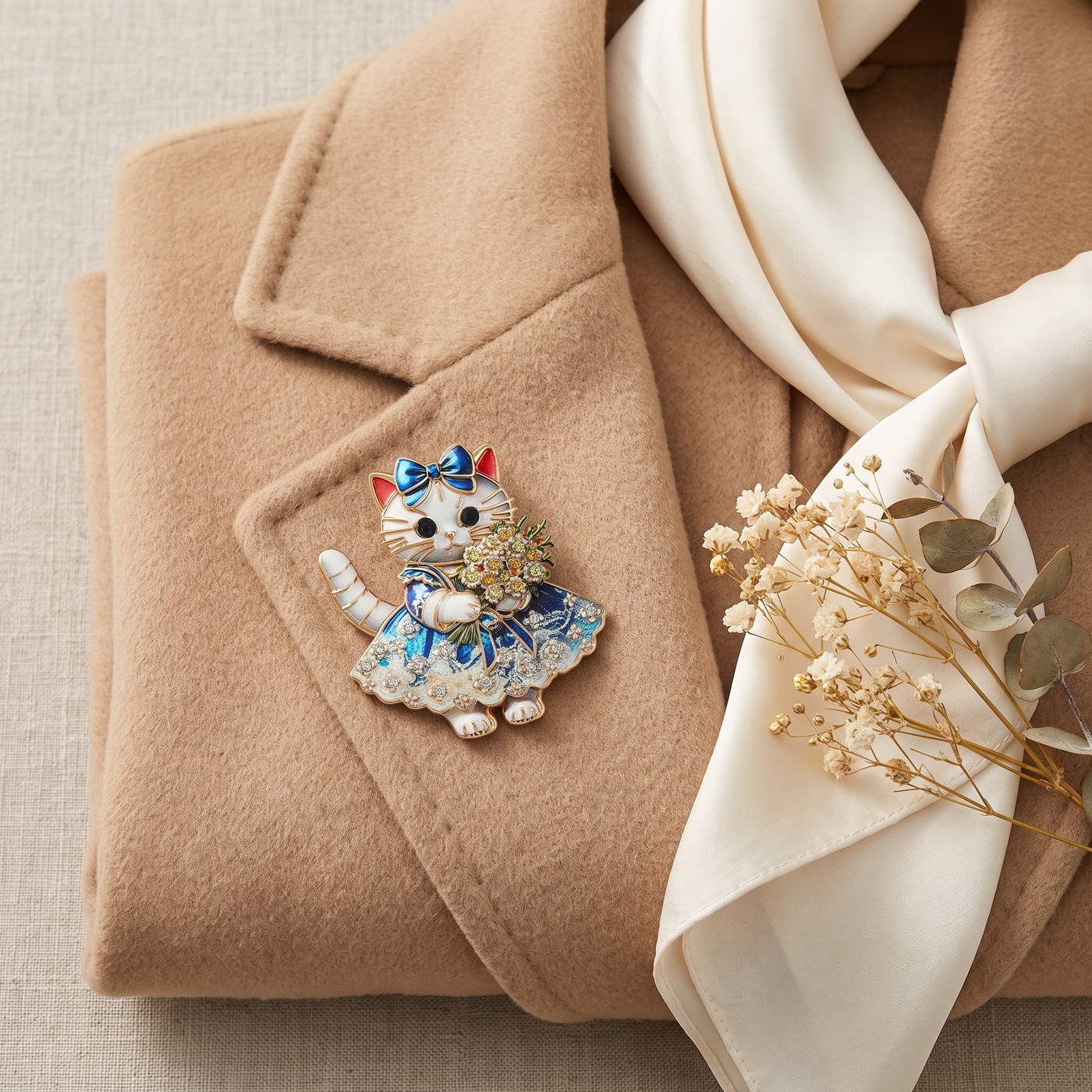 Broche Chat portée sur un manteau camel, bijou vintage Alyvoa · Bleu