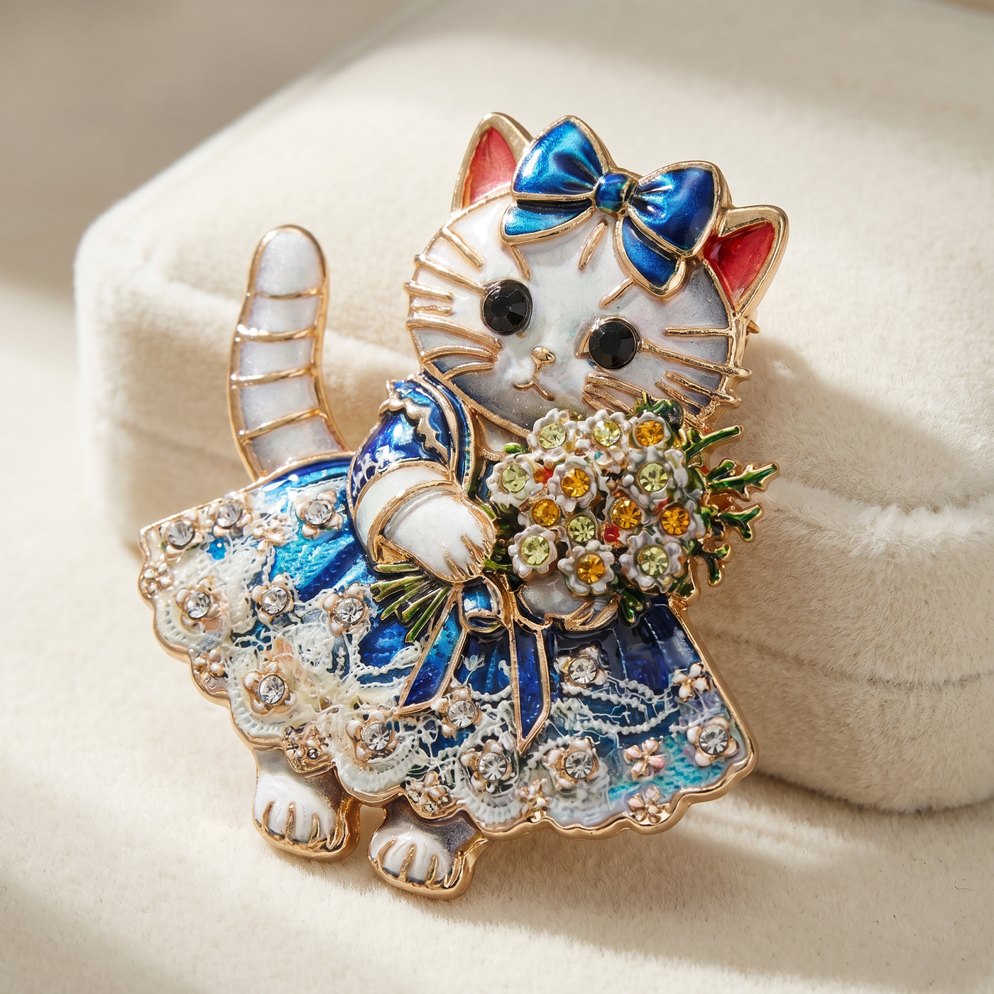 Broche Chat présentée sur un coussin, bijou vintage Alyvoa · Bleu