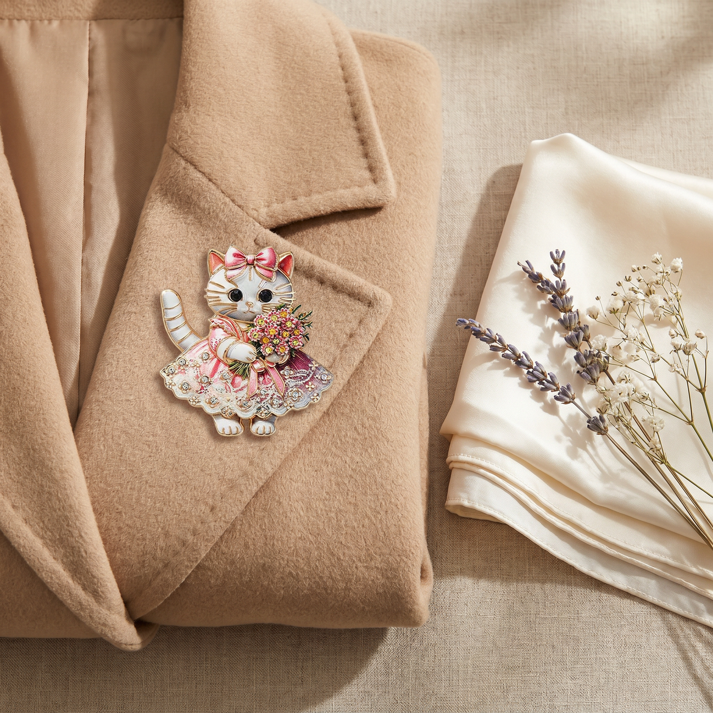 Broche Chat portée sur un manteau camel, bijou vintage Alyvoa · Rose