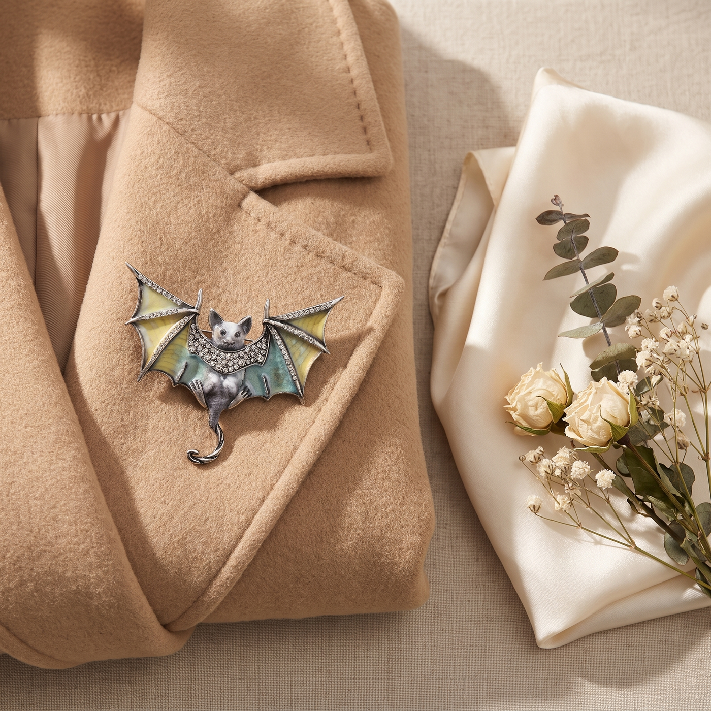 Broche Chauve-souris en cristal, bijou vintage Alyvoa portée sur un revers · Jaune argenté