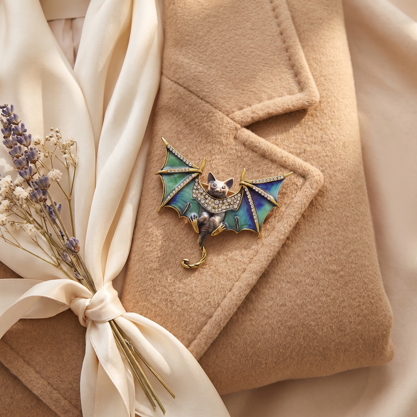 Broche Chauve-souris en cristal, bijou vintage Alyvoa présentée sur un coussin · Vert