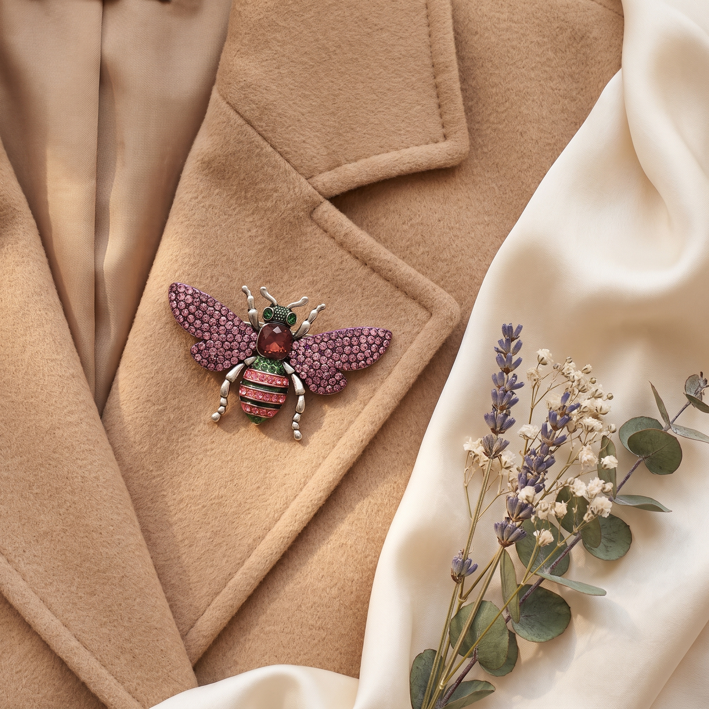 Broche Abeille en cristal, bijou vintage Alyvoa portée sur un revers · Rose