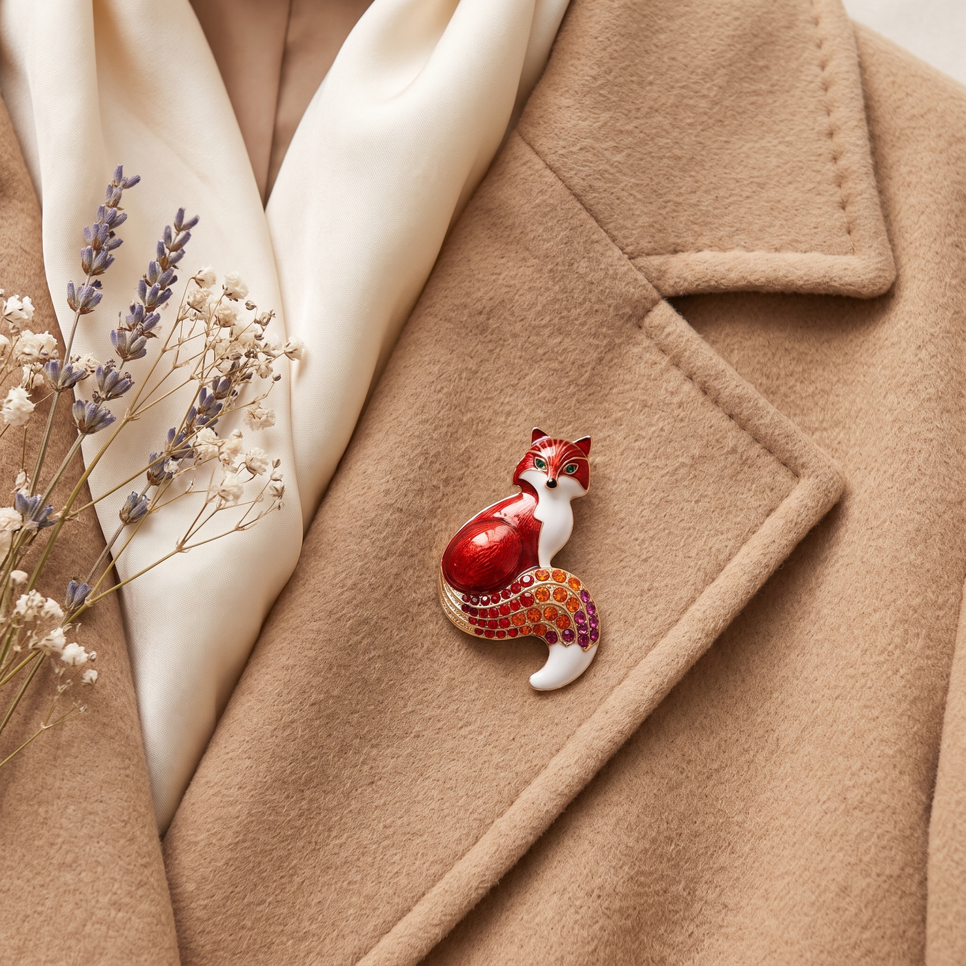 Broche Renard en cristal, bijou vintage Alyvoa portée sur un revers · Rouge