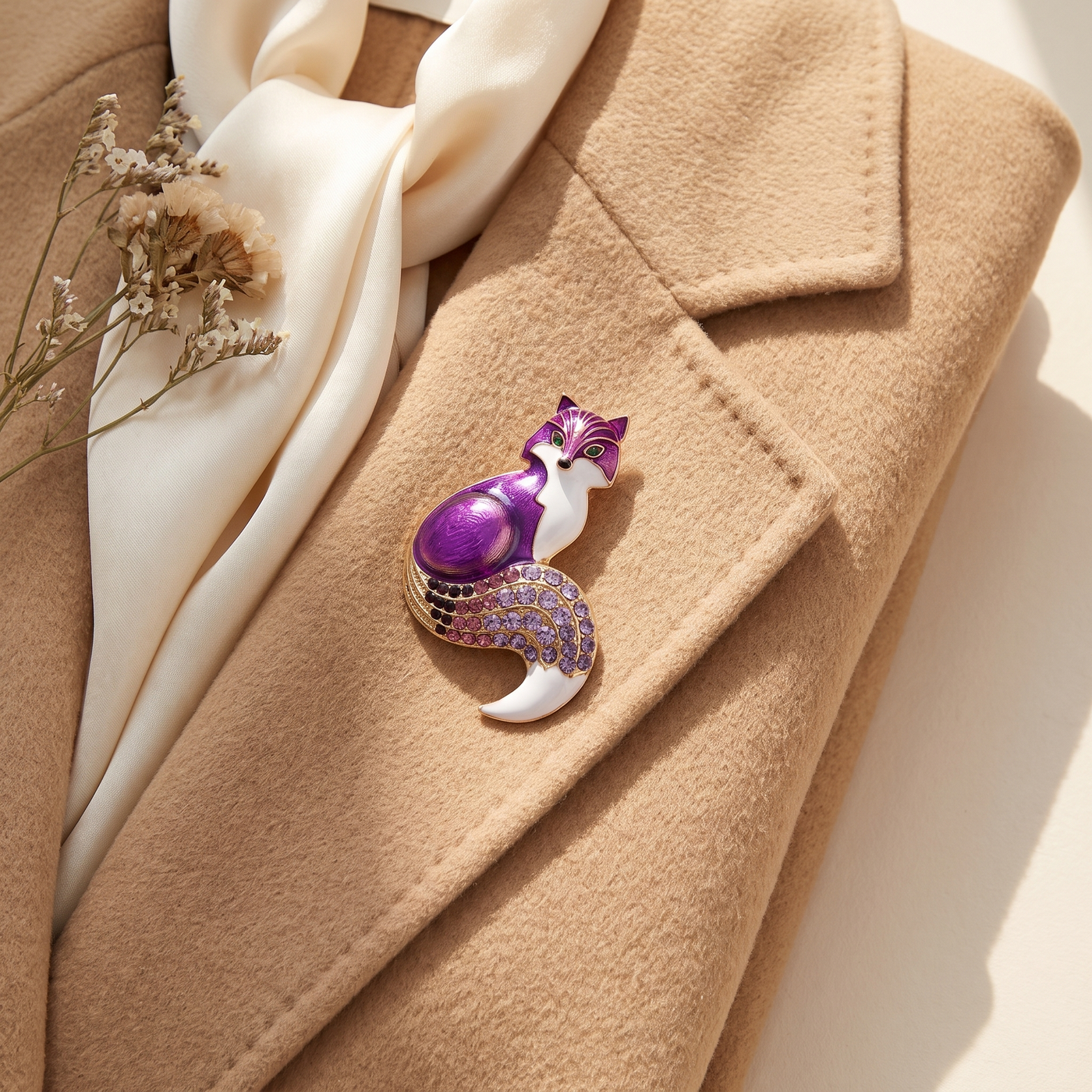 Broche Renard en cristal, bijou vintage Alyvoa en situation · Violet