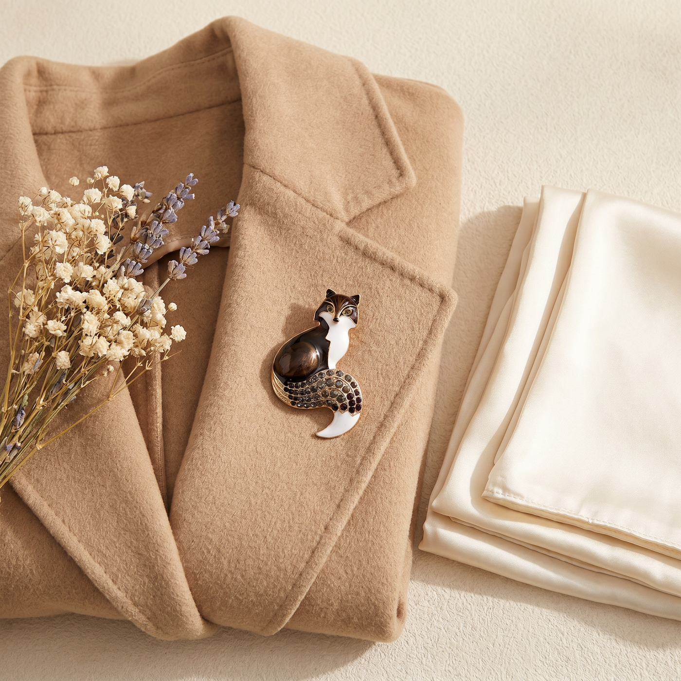 Broche Renard en cristal, bijou vintage Alyvoa présentée sur un coussin · Noir