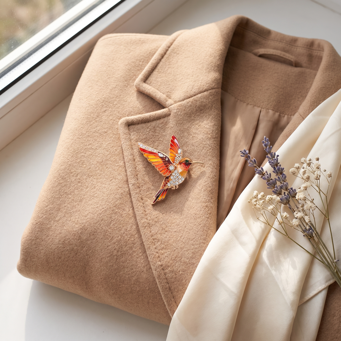 Broche Colibri en cristal, bijou vintage Alyvoa portée sur un revers · Orange