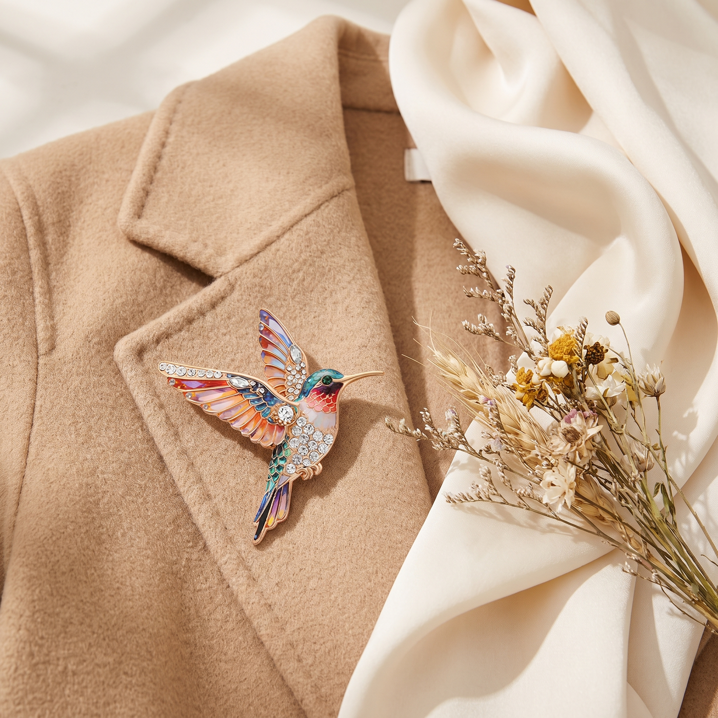 Broche Colibri en cristal, bijou vintage Alyvoa tenue à la main · Multicolore