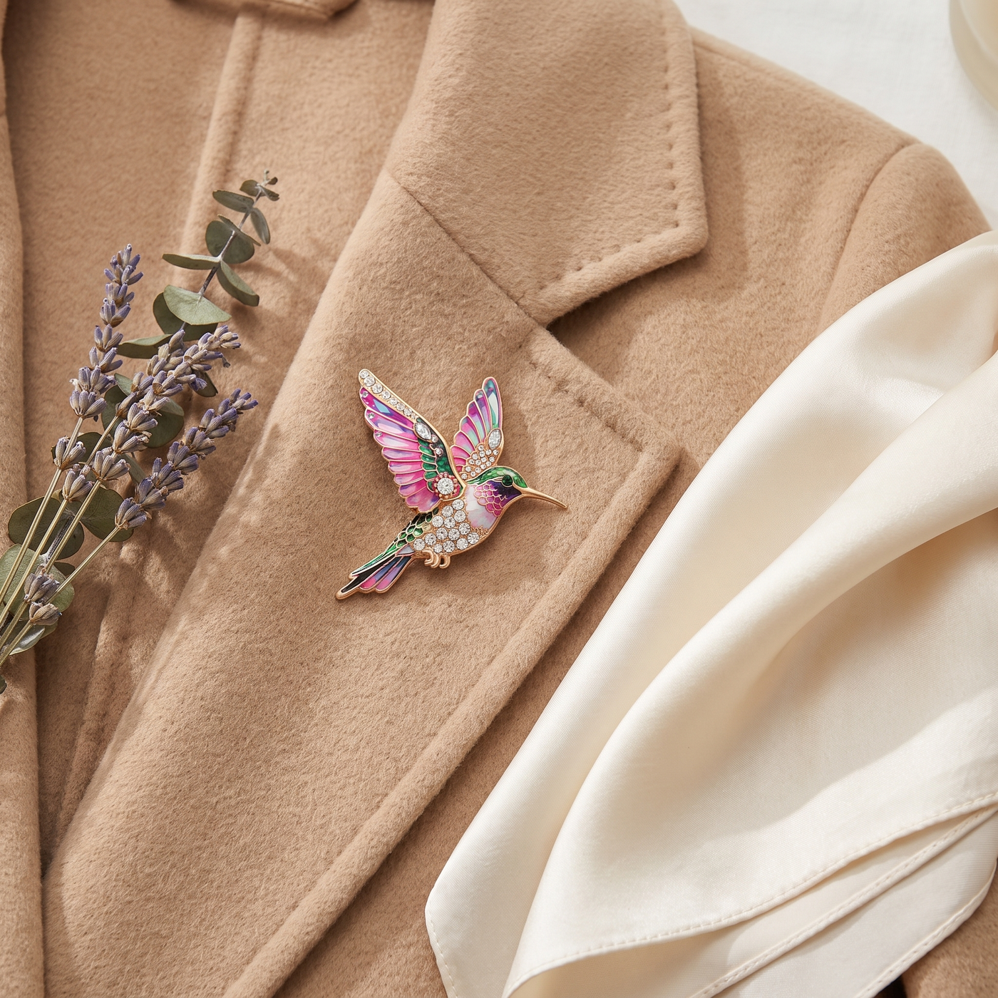 Broche Colibri en cristal, bijou vintage Alyvoa en situation · Rose