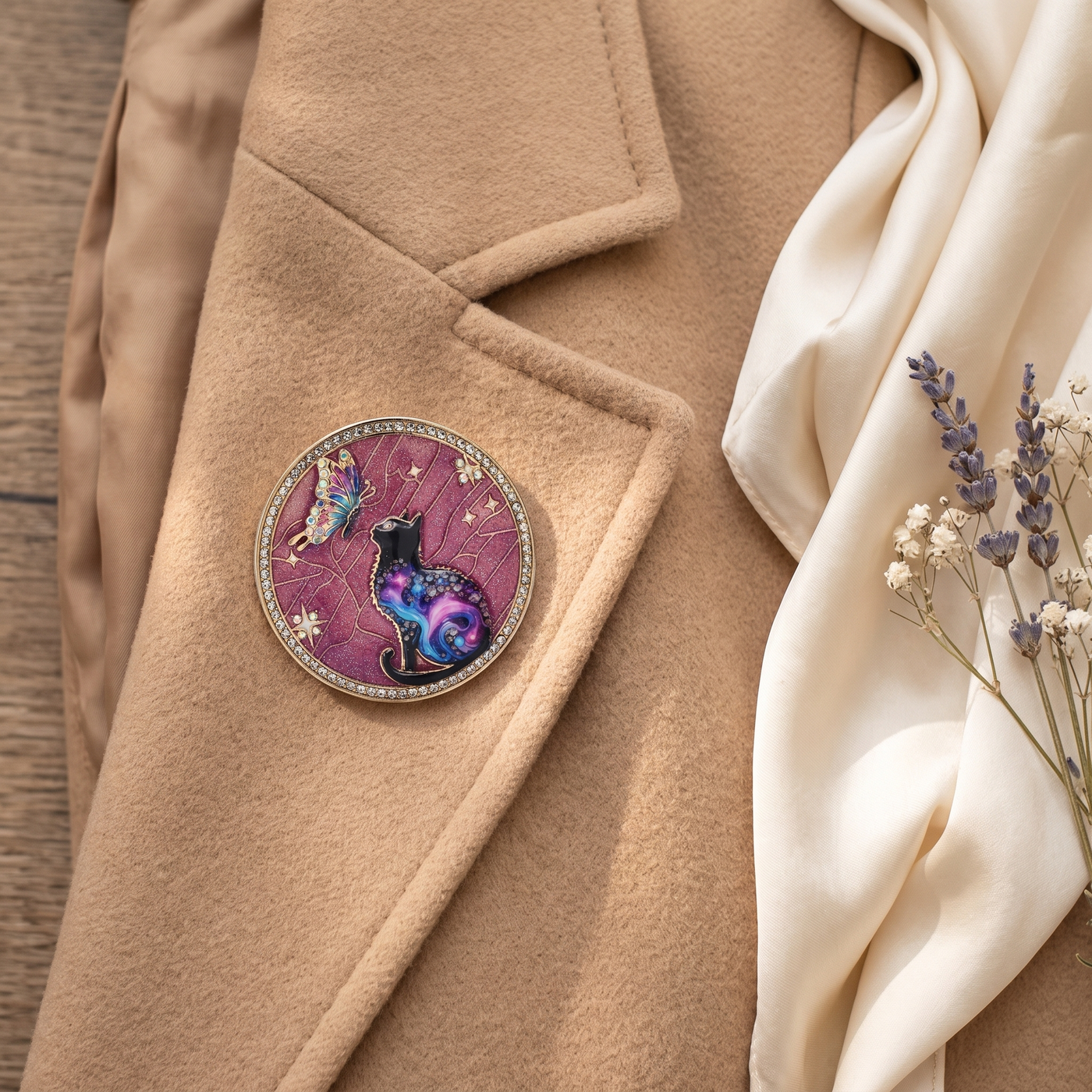 Broche Papillon en émail, bijou vintage Alyvoa vue en gros plan · Violet
