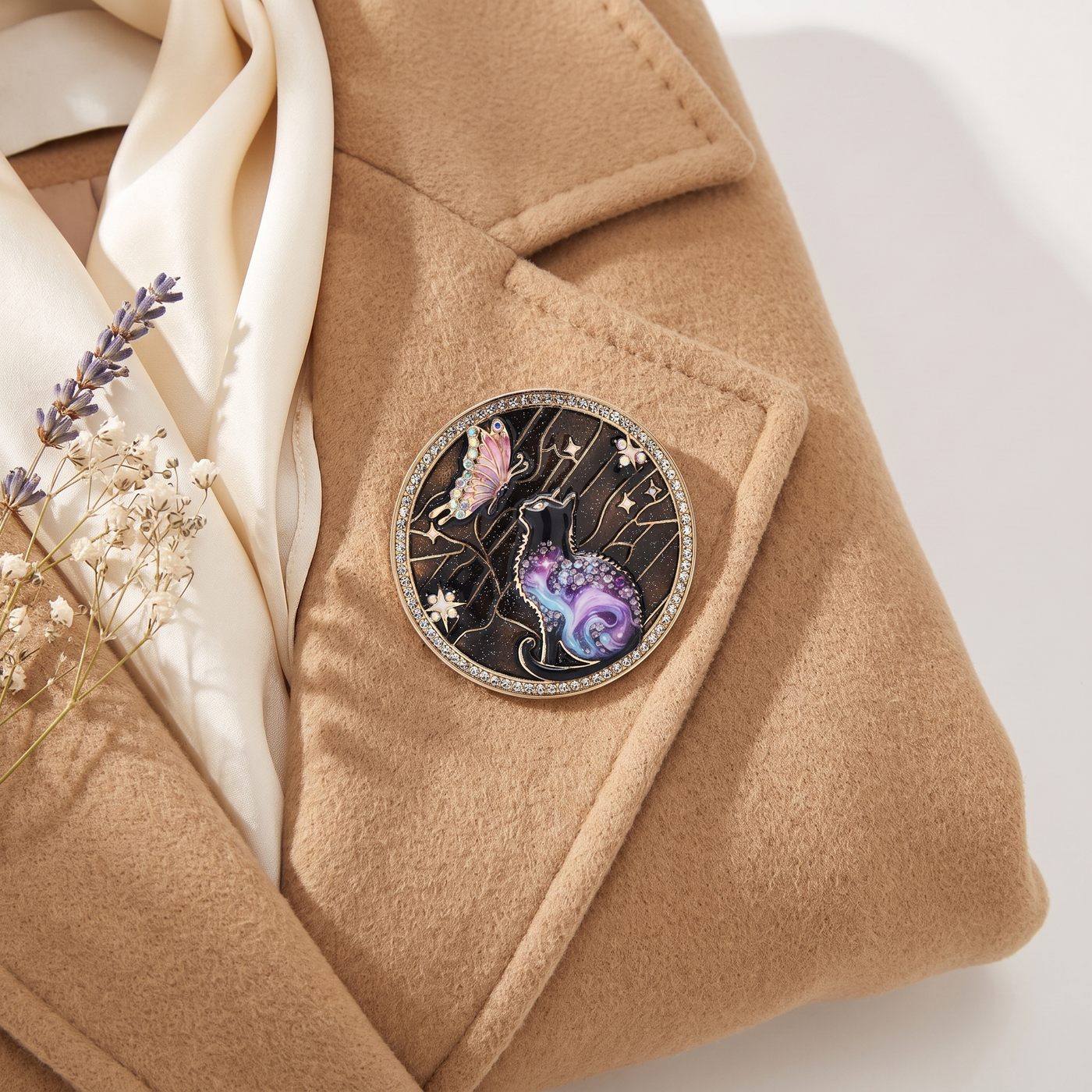 Broche Papillon en émail, bijou vintage Alyvoa portée sur un revers · Noir