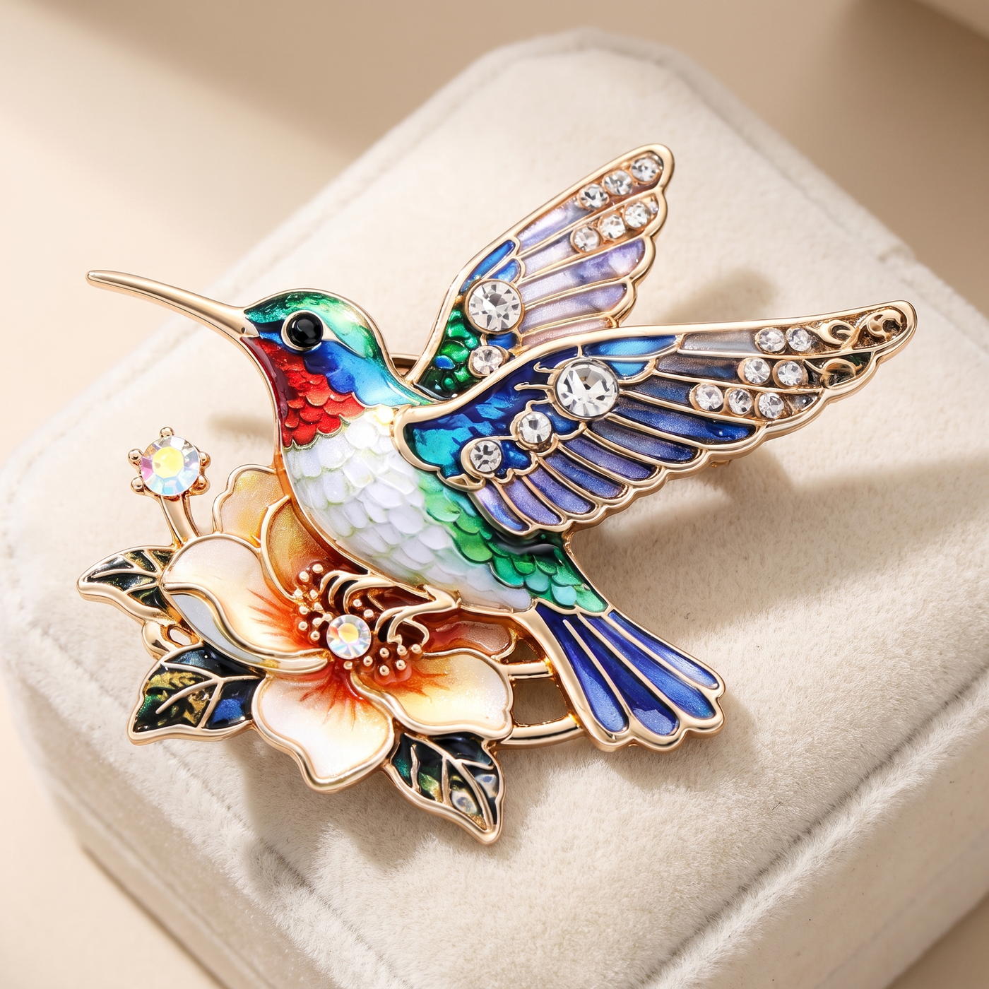 Broche Colibri, bijou fantaisie vintage Alyvoa vue en gros plan · Violet