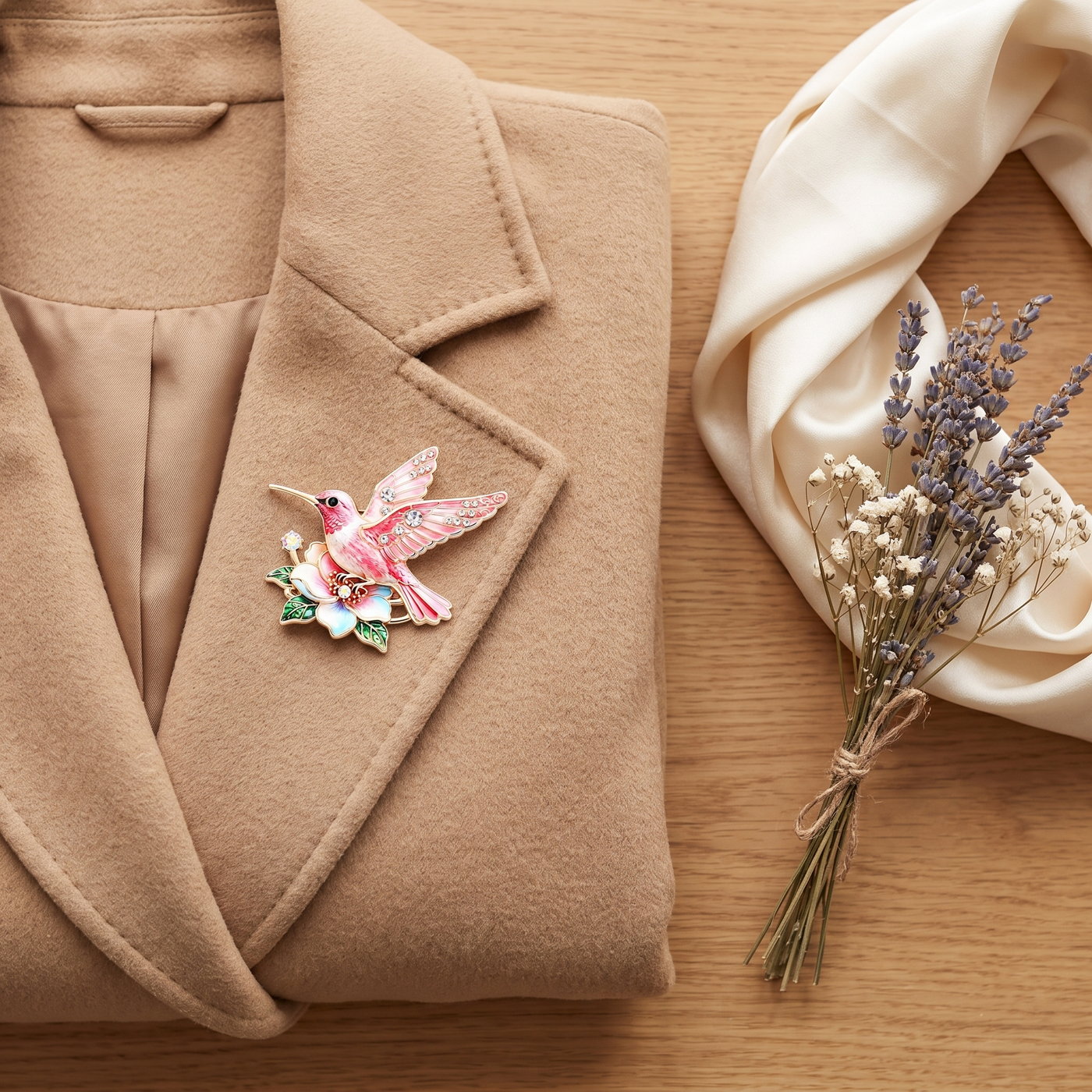 Broche Colibri, bijou fantaisie vintage Alyvoa portée sur un revers · Rose