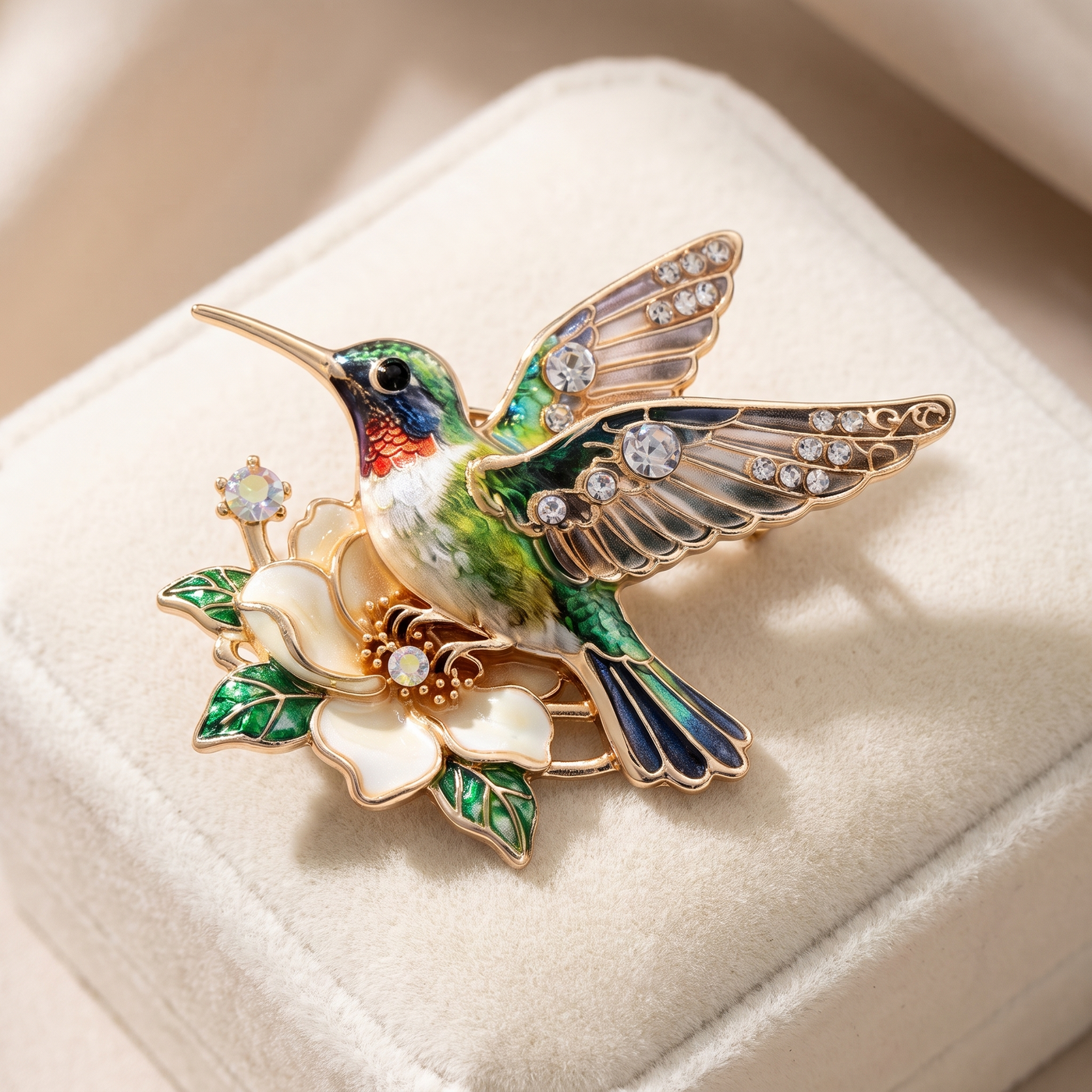 Broche Colibri, bijou fantaisie vintage Alyvoa portée sur un revers · Vert