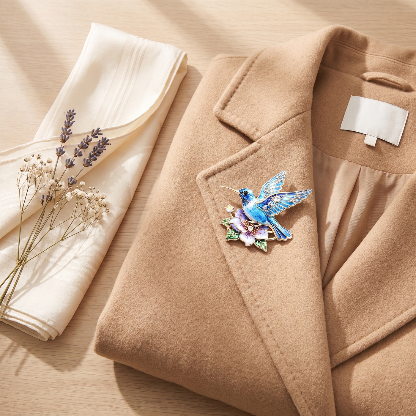 Broche Colibri, bijou fantaisie vintage Alyvoa en situation · Bleu