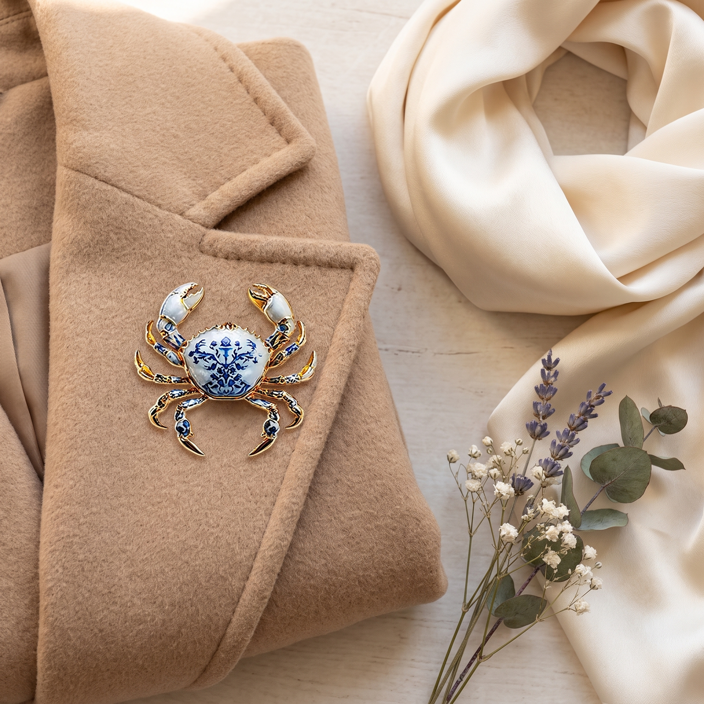 Broche Crabe, bijou fantaisie vintage Alyvoa présentée sur un coussin · Bleu